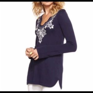 NWT LILLY PULITZER April Tunic sweater navy large white embroidery